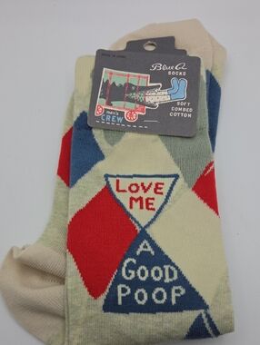 Blue Q Men's Crew Socks - 'Love Me A Good Poop' Pattern in Red, Blue, Cream